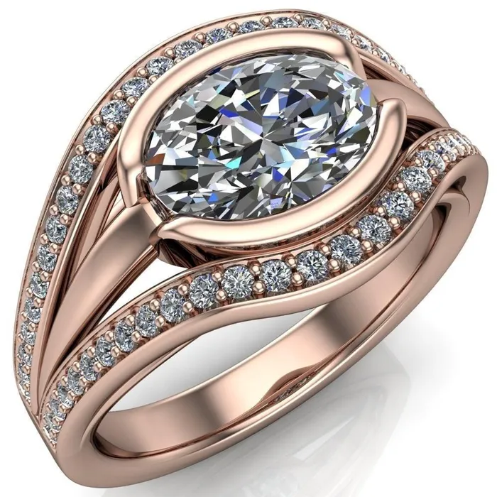 Fire Brilliance Rings Tiramisu Oval Center Stone Split Shank Diamond Half Bezel Channel Ring