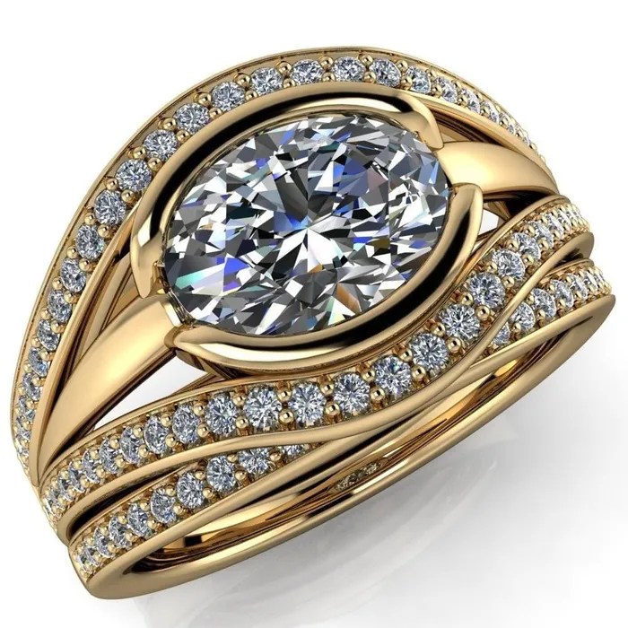 Fire Brilliance Rings Tiramisu Oval Center Stone Split Shank Diamond Half Bezel Channel Ring