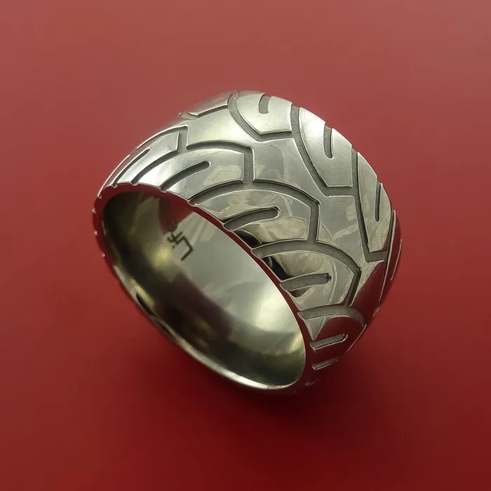 Lashbrook Rings Wide Titanium Ring with Motorcycle Tire Tread Pattern Inlay Custom Made Band