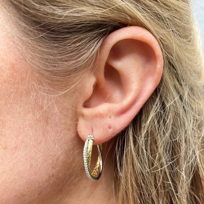 Croghans Earrings CZ Gold Plated Silver Crossed Mesh 35mm Hoop Earrings