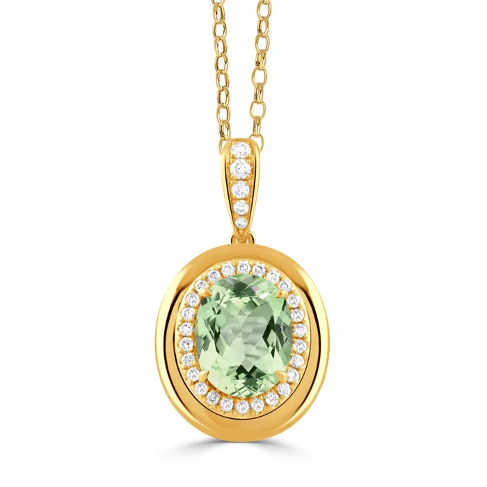 Croghans Oval Green Amethyst Diamond 18K Yellow Gold Pendant Necklace Necklaces