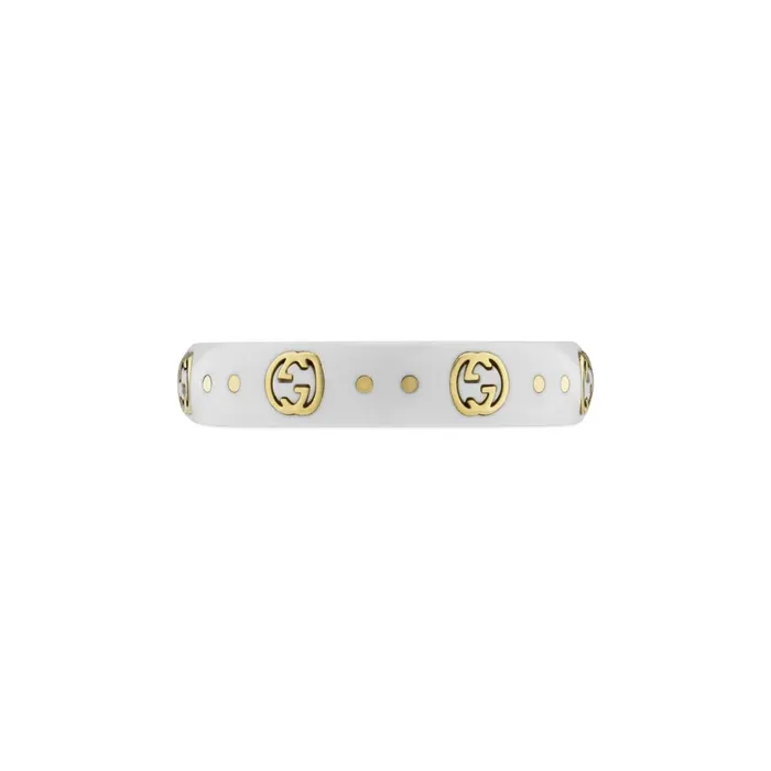 Gucci 18K Yellow Gold and White Zirconia Icon Ring with GG Details Gucci Rings