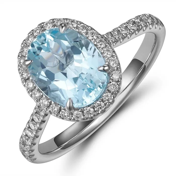 Rings Meierotto Jewelers 18K White Gold Oval Aquamarine with Diamond Halo Ring