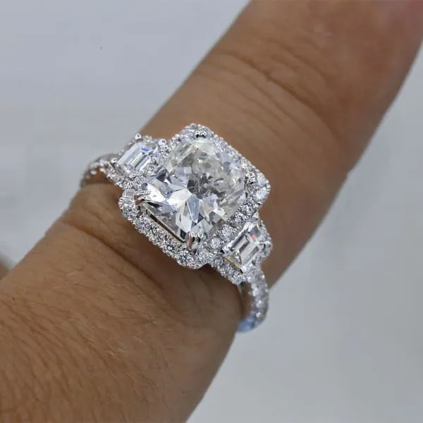 Rings Unique Halo Diamond Engagement Ring Set in 18K White Gold 421ct tw Radiant Cut Round Brilliant Trapezoid Cut Natural Diamonds Diamond Source NYC Rings Unique Halo Diamond Engagement Ring Set in 18K White Gold 421ct tw Radiant Cut Round Brilliant Trapezoid Cut Natural Diamonds Diamond Source NYC