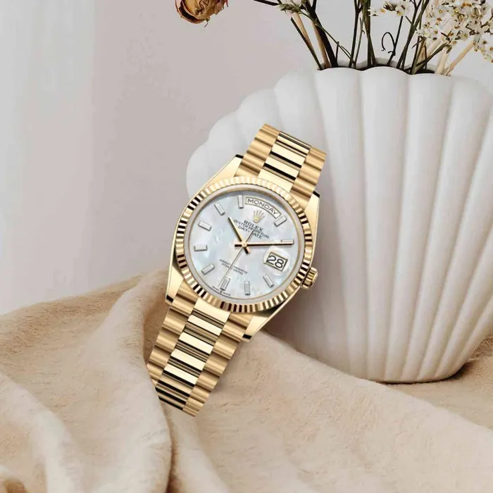 Rolex Bracelets 2024 Release Rolex DayDate 36mm Ref 1282380123 White Mother of Pearl Dial Diamond Bezel 18K Yellow Gold Presidential Bracelet Watch