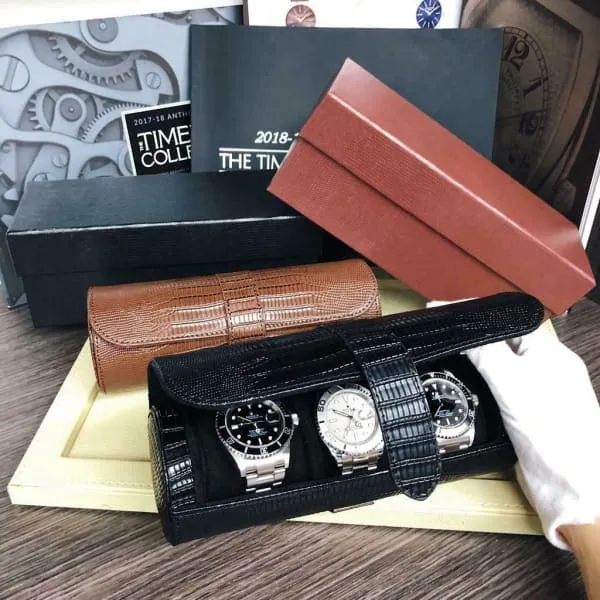 Watches Diamond Source NYC Travelers Watch Storage Organizer Case for 3 Watches Black Watch Roll