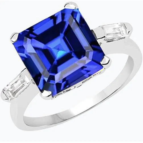 3 Stone Baguette Natural Earth Mined Diamond Ring Asscher Ceylon Blue Sapphire 4 Carats HarryChadEntcom Rings
