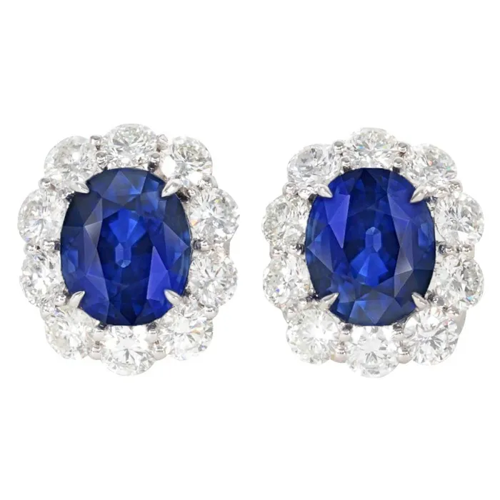 GB Earrings Oval Ceylon Sapphire And Round Cut 6 Carats Natural Earth Mined Diamonds Studs Earrings