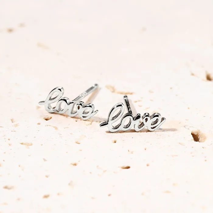 Hey Happiness Earrings Love Script Stud Earrings Sterling Silver Hey Happiness Earrings Love Script Stud Earrings Sterling Silver