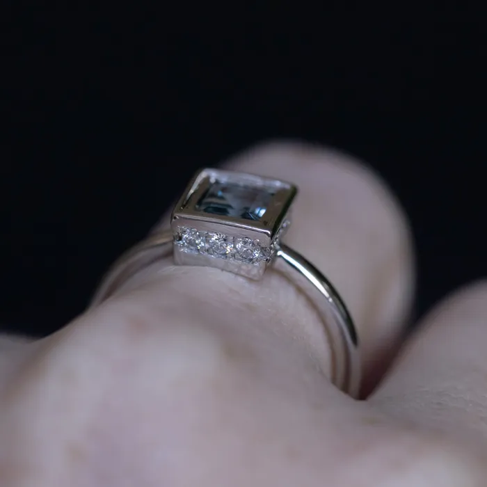 121ct Baguette Cut BlueGrey Spinel and Diamond Low Profile Bezel Hidden Halo Solitaire Ring in Platinum Discovery Gems Rings