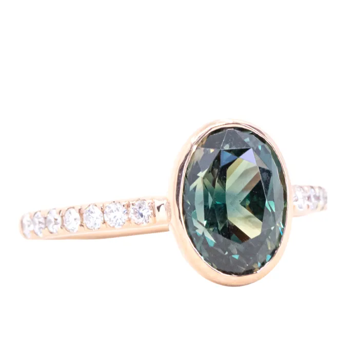 323ct Oval ColorShifting Sapphire Bezel with French Set Diamonds in 18k Rose Gold Anueva Jewelry PreStyled Sets