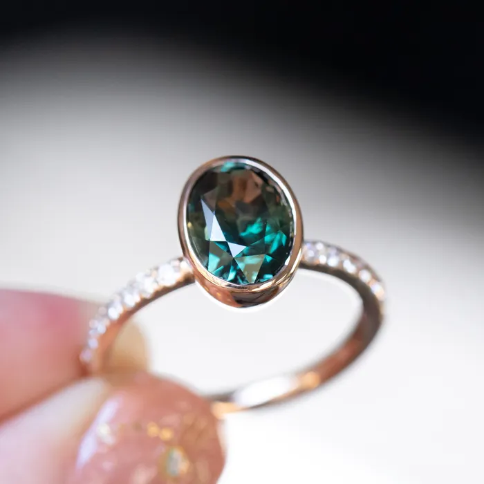 323ct Oval ColorShifting Sapphire Bezel with French Set Diamonds in 18k Rose Gold Anueva Jewelry PreStyled Sets