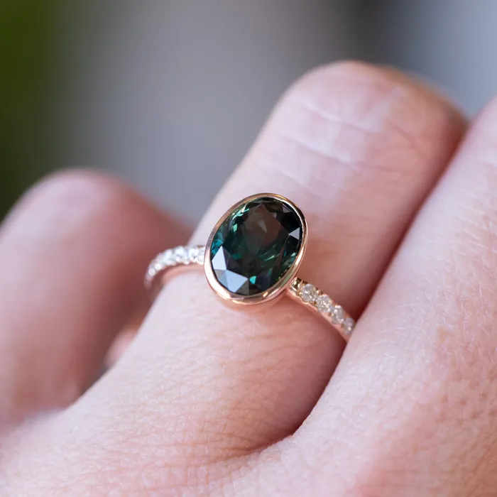323ct Oval ColorShifting Sapphire Bezel with French Set Diamonds in 18k Rose Gold Anueva Jewelry PreStyled Sets