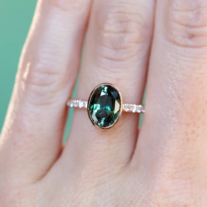 323ct Oval ColorShifting Sapphire Bezel with French Set Diamonds in 18k Rose Gold Anueva Jewelry PreStyled Sets