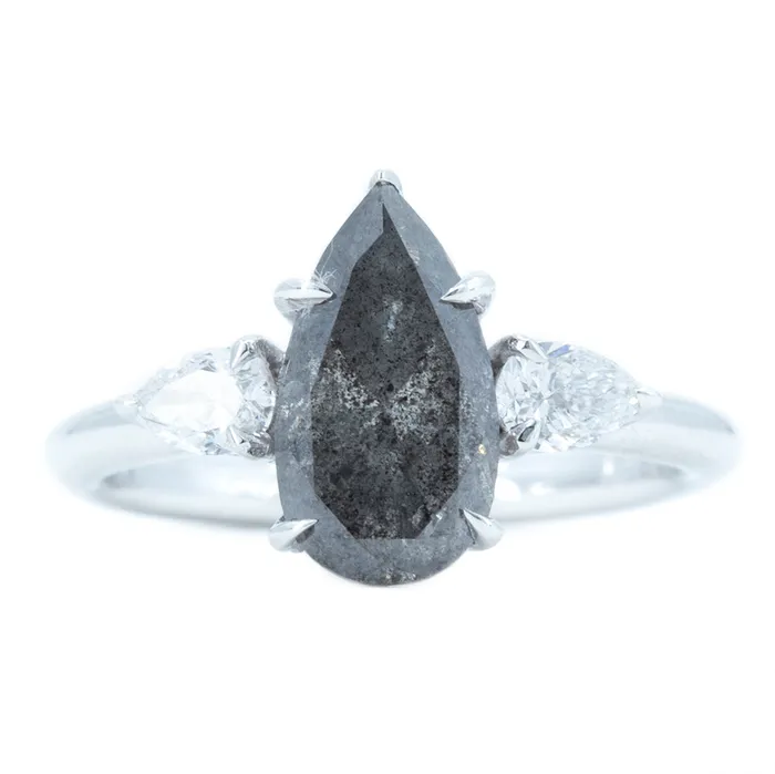 Anueva Jewelry 210ct Pear Deep Grey Salt And Pepper Diamond Three Stone Ring with White Diamond Sides in 14k White Gold Rings