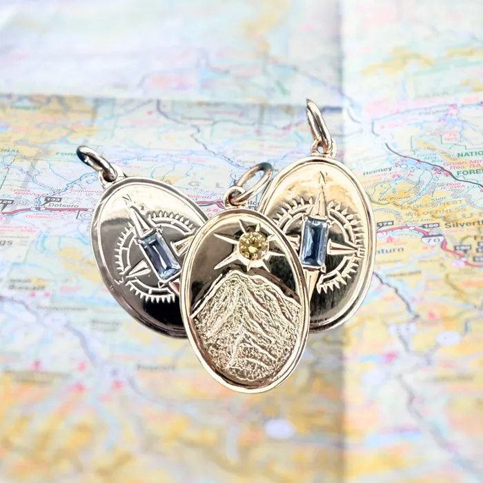 Necklaces Anueva Jewelry Hand Engraved Mountain Compass Charms with Montana Sapphires for Necklace
